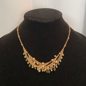 2028 Multi Strand Olive Green and Gold Tone Beaded Necklace